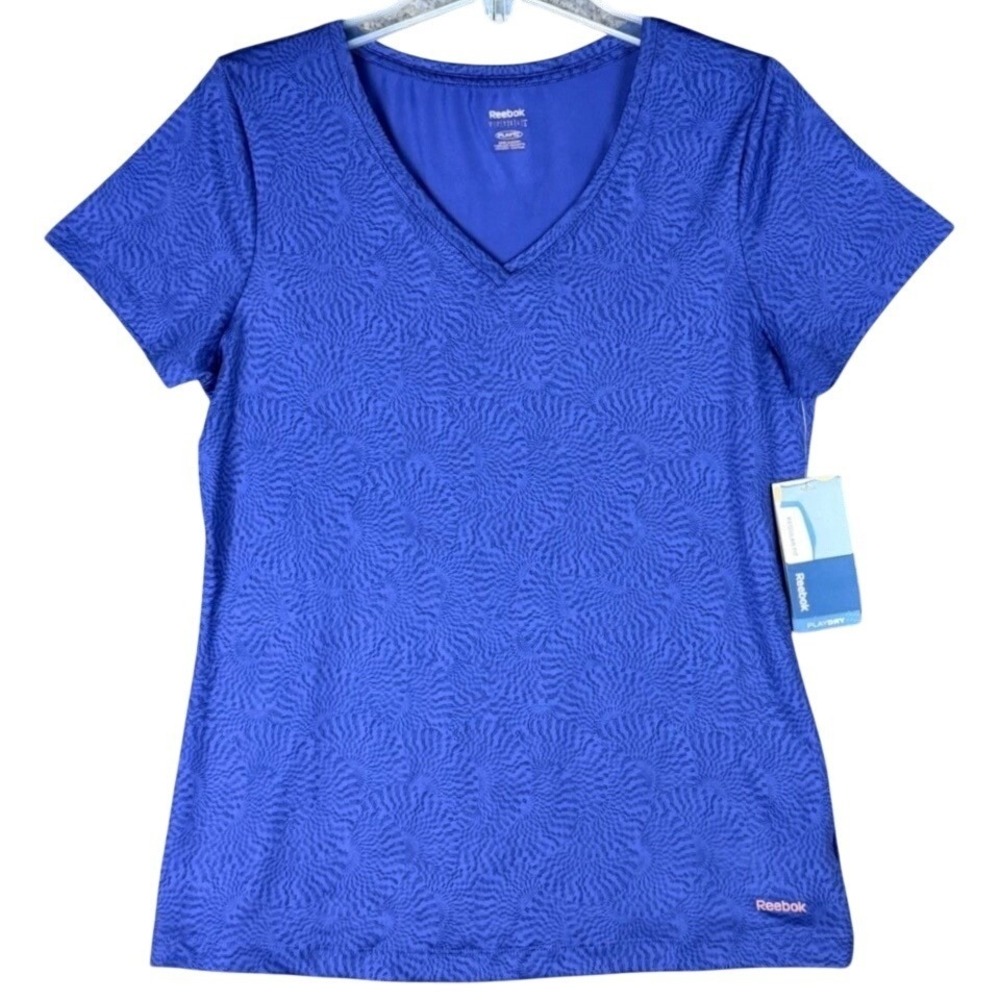 NEW Reebok PlayDry Womens Large V-Neck Performance Tee Purple Night Beacon Swirl